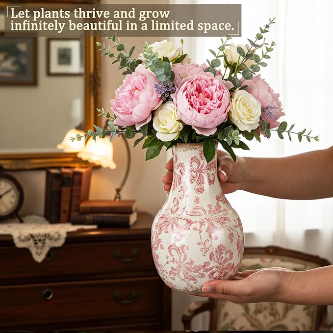 LemonRoad Vintage Ceramic Flower Vase 5.7 Inch Chinoiserie Ice Cracked Glaze Porcelain Vase Rustic Ceramic Large Centerpieces for Home Table Living Room Bookshelf Office(Paisley Style)