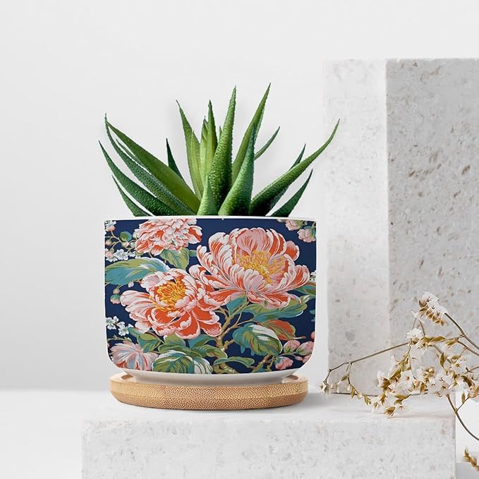 Bright and Chinoiserie Ceramic Planter Coral Peony Floral Flower Pots for Indoor Plants with Drainage Holes and Saucers Pot for Outdoor Garden Home Plant