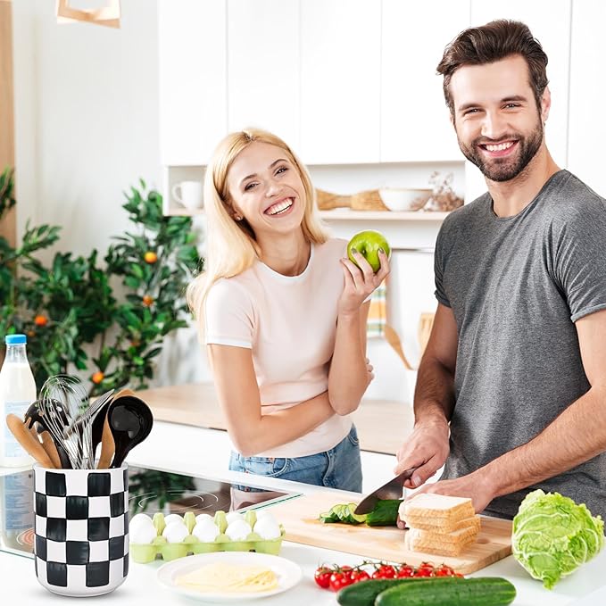 JarThenaAMCS Checkered Ceramic Utensil Holder Watercolor Black White Plaid Utensil Crock for Home Kitchen Countertop Storage Organizer, Set of 2