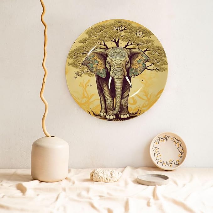 Bone China Decorative Plate with Display Asian Elephant with Tree Ceramic Plates Crafts Art Decor Dessert Plate Ceramic Ornament Porcelain Plates for Living Room Kitchen Table Home Decor