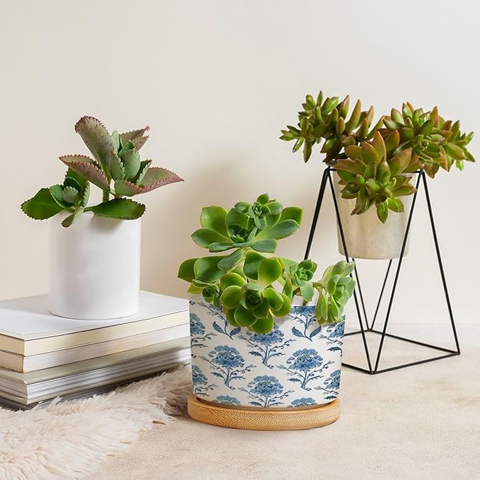 Mughal Flower in Ceramic Planters Blue Floral Planters for Indoor Plants with Drainage Holes and Saucers Pot for Indoor Outdoor Garden