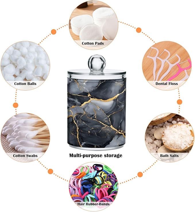 MNSRUU 2 Pack Qtip Holder Organizer Dispenser Abstract Black White Gold Marble Bathroom Storage Canister Plastic Cotton Ball Holder Bathroom Containers for Cotton Swabs/Pads/Floss
