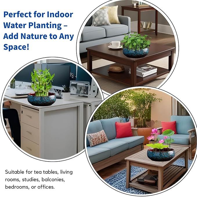 Ceramic Lotus Bowl Planter, Lotus Pots for Water Plants Indoor, Large Caliber Flow Glaze Non-Porous Hydroponic Container, Succulent Pots, Leak-Proof Design (Blue Peacock Pattern) 6.6in*2.7in