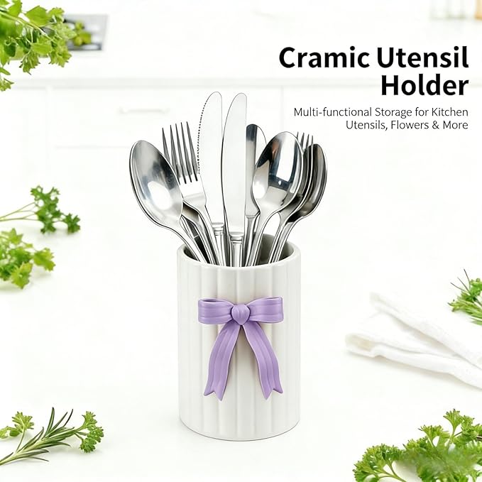 Handmade Purple Bow Ceramic Utensil Holder, 3D Coquette Cooking Utensil Crock for Kitchen Counter, Preppy Storage Caddy Organizer Vase Decor for Kitchen Countertop