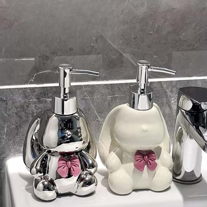 Cute Rabbit Ceramics Countertop Soap Dispenser, 11oz/320ml Elegant Long Eared Rabbit Design Hand Dish Lotion Dispenser for Kitchen, Bathroom and Bedroom (White)
