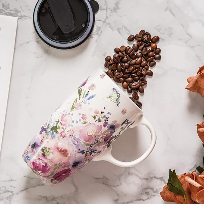 Topadorn Ceramic Travel Mugs Porcelain Latte Tea Cup Coffee Mug with Gift Box, 17oz. Pink Garden