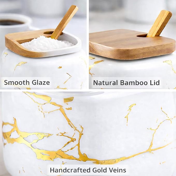 Marble Ceramics Sugar Bowl Ceramic Seasoning Box Ceramic Spice Jars Porcelain Condiment Pots with Lid and Spoon (White)