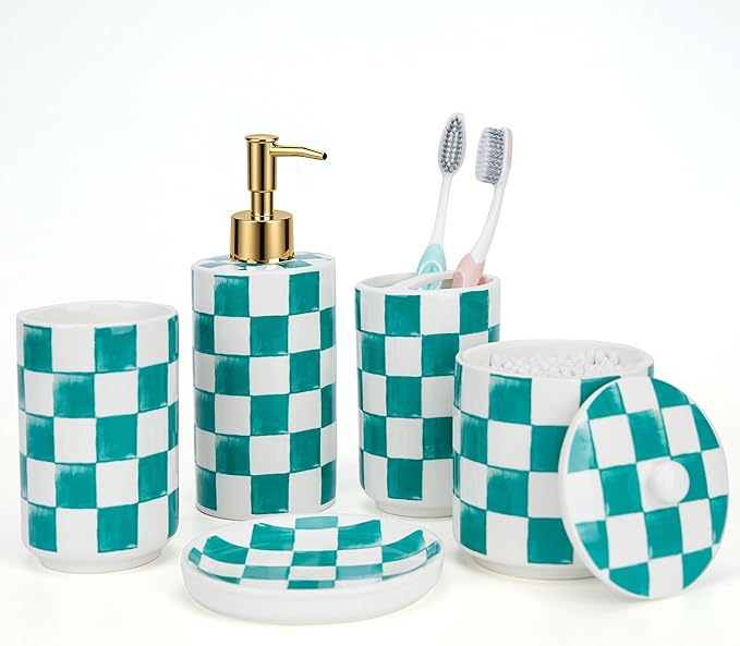 Ceramic Bathroom Soap Dispenser Set, Checkered Bathroom Vanity Set with Lotion Pump, Toothbrush Holder, Soap Dish & Storage Jar, Modern Bathroom Sink Accessories (Green)