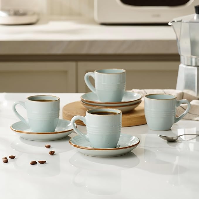 famiware Jupiter Espresso Cups and Saucers Set of 4, 3 oz Ceramic Small Coffee Mug with Handle, Spiral Stoneware Demitasse Cup for Tea, Latte, Cafe - Microwave & Dishwasher Safe, Light Blue