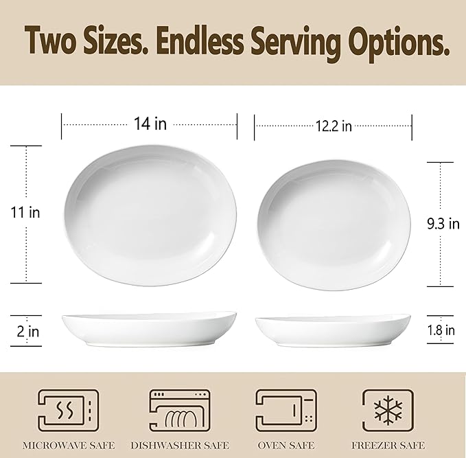 12"/14" Oval Serving Platters Set, Large Ceramic Oval Serving Dishes for Entertaining, Turkey, Fish, Salad, Appetizers, Deep Elipse Plate, Set of 2