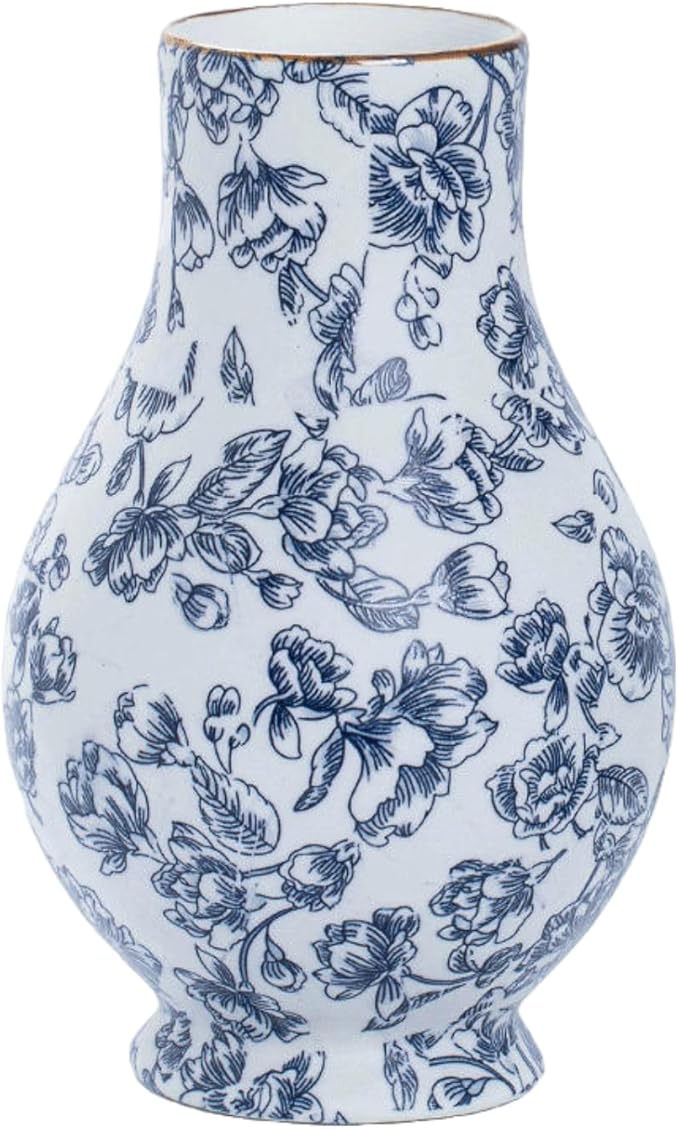 9in Blue and White Chinoiserie vase - Vintage Ceramic Flower vase with Antique Design, Perfect for centerpieces or Kitchen Accents.Chinoiserie Porcelain Decor