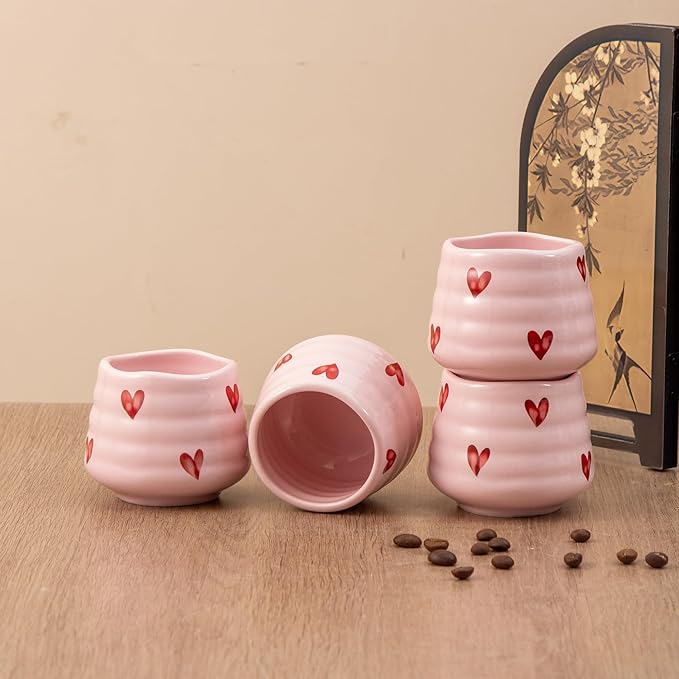 4pcs Japanese Tea Cup Set – 160ml 5.4OZ Ceramic Matcha Cup, Small Handless Espresso Cups, Cute Coffee Mugs for Valentine (Pink Love)