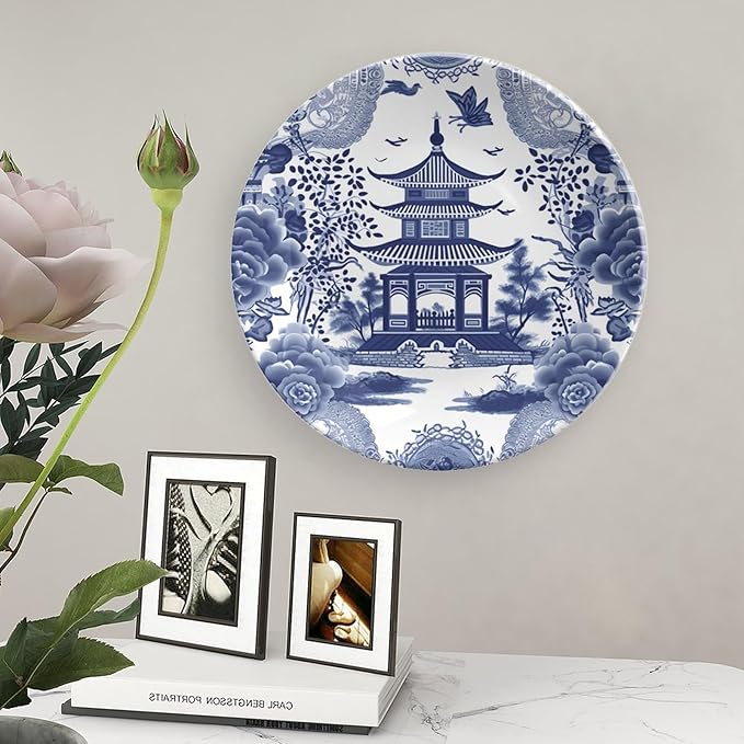 Chinoiserie Blue Asian Pagoda Fashion Plates of 6", 7", 9", 10", Customize Ceramic Display Plate, Wall Office Decorations Farmhouse, Unique Art with Stand