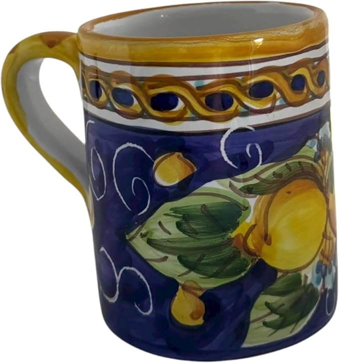 Hand Painted Ceramic Lemon Mug, 8 oz | Italian Style Coffee Cup with Blue Background | Dishwasher Safe, Artisan Ceramic