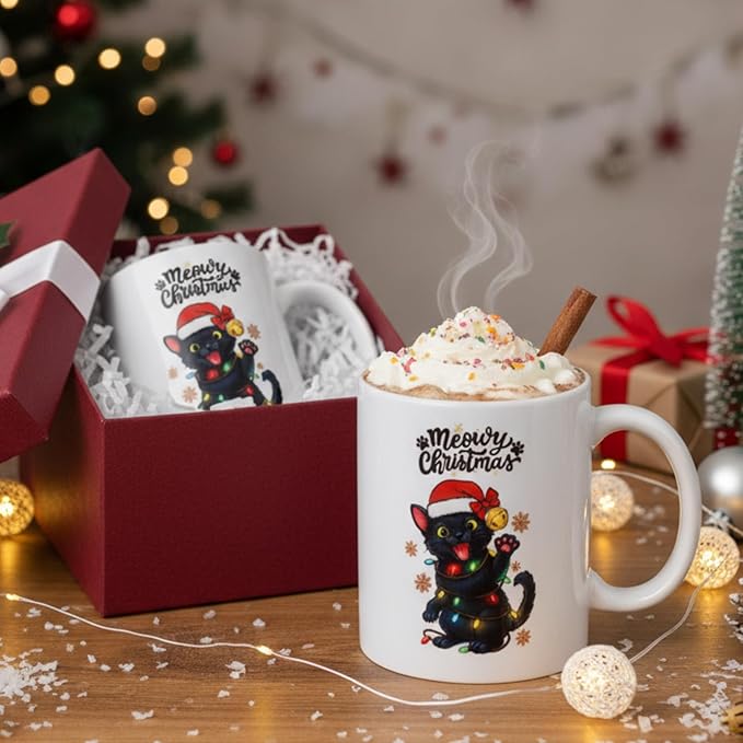 Sliner 2 Set Black Cat Gifts Coffee Mugs 11 oz Christmas Ceramic Coffee Cup Funny Cute Tea Cup Xmas Holiday Birthday Gifts for Men Women Cat Lovers