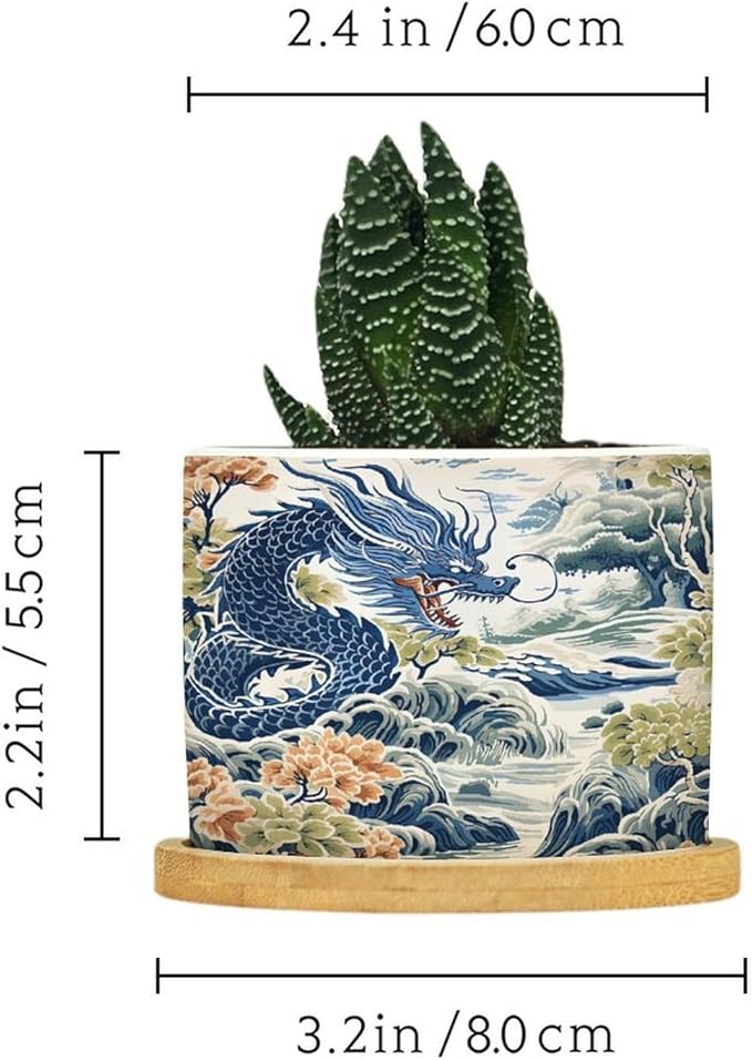 Trend Dragon and Print Ceramic Planters Chinoiserie Asian Inspired Flower Pots for Indoor Plants with Drainage Holes and Saucers Pot for Home Desktop Office Windowsill