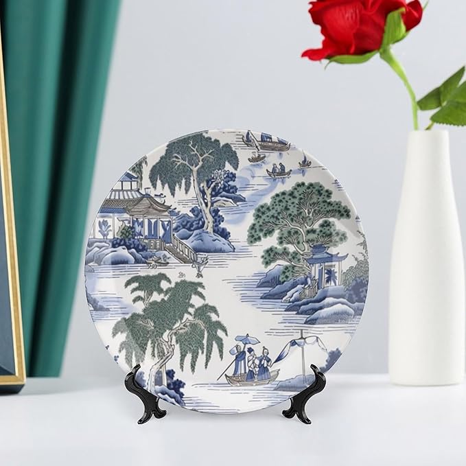 Asian Scenic in Blue And Kelly Green Chinoiserie Vintage Plates for Display Housewarming Gifts Kitchen Supplies Office Farmhouse Holiday Party Decorations Personalized Gifts for Men Women Holiday