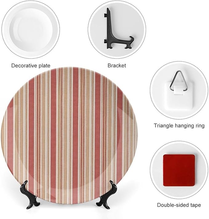 Red And White Classic Stripe Plates Ceramic Decor for Table Display Wedding Customize Birthday Idea Gifts Hand Painted Wall Hanging Decor with 1 Display Stand, Multi Sizes by Choosing