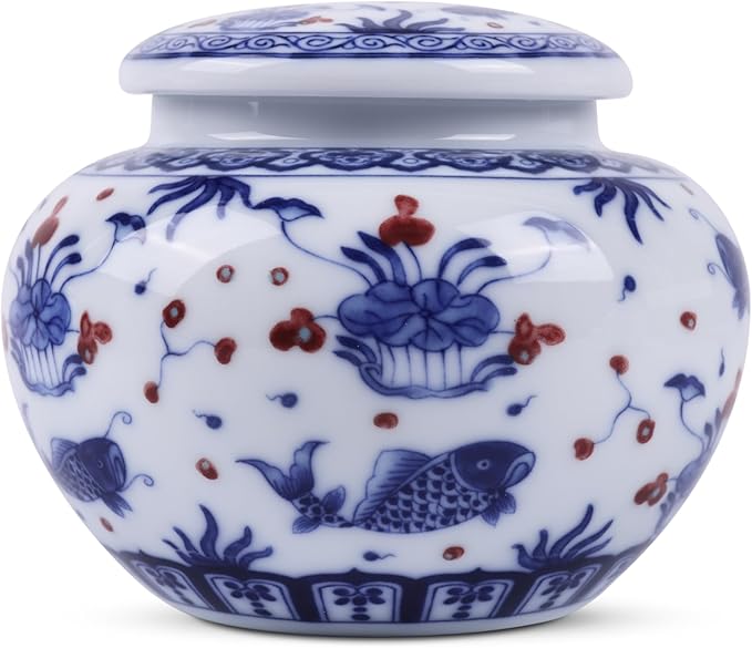 Traditional Chinoiserie Round Ginger Jars Blue and White Porcelain Series Ceramic Storage Jars with Sealed Lids,for Home/Kitchen/Dining Table Decoration (Fish Jar)