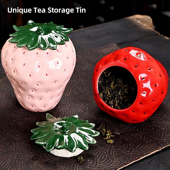 2 Pack Strawberry Storage Jars, 14 OZ Ceramic Cookie Containers with Airtight Lids, Cute Sugar Canisters Set, Candy and Coffee Bean Jar for Flour Nut Tea Spices Grains, Kitchen Farmhouse Decor