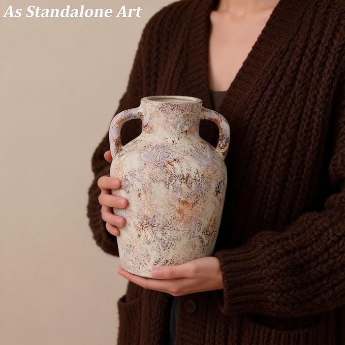 Vintage Wabi Sabi Ceramic Vase – 7.87 Inch Farmhouse Flower Vase with Handle, Rustic Decorative Pot for Entryway, Shelf, Floral Arrangement, Boho Home Decor