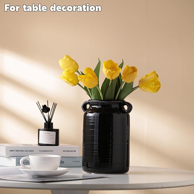 Ceramic Rustic Distressed Black Flower Vase for Centerpieces, Kitchen, Office or Living Room (5.9''x8.6”)
