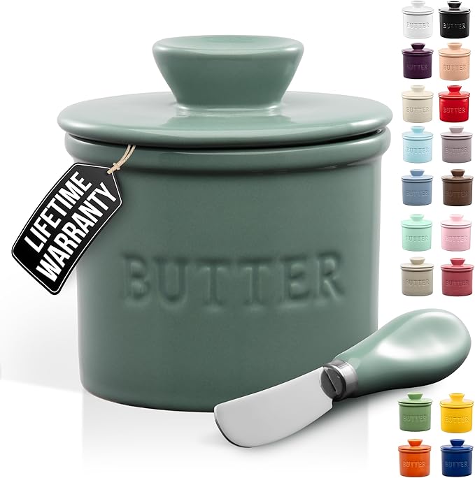 Zulay Kitchen Bell Shaped Butter Crock with Lid for Countertop with Water Line & Spreader Knife, Ceramic French Butter Dish Keeper For Fresh, Soft & Spreadable Butter - Deep Sea