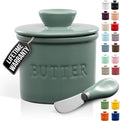 Zulay Kitchen Bell Shaped Butter Crock with Lid for Countertop with Water Line & Spreader Knife, Ceramic French Butter Dish Keeper For Fresh, Soft & Spreadable Butter - Deep Sea