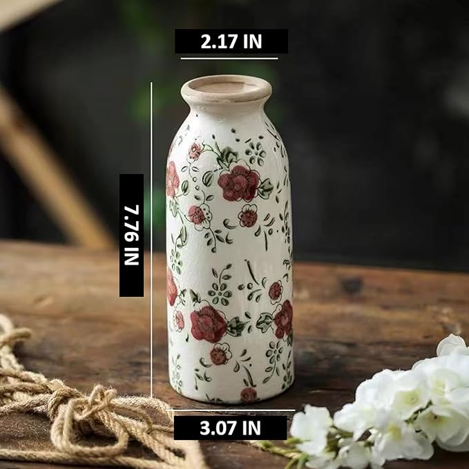 Small Vintage Rustic Flower Vase,Farmhouse Flower Vase for Home Decor,Chinoiserie Ceramic Vases for Table,Bookshelf,Living Room Centerpieces,Boho vases 7.8 Inch