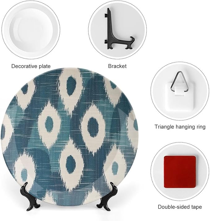 Blue Ikat Decorative Plate for Display Household Wedding Supplies Festival Club Holiday Party Decorations Personalized Gifts for Men Women Birthday, 6", 7", 9", 10"