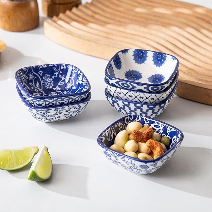 Square Dipping Bowls Set - Mini 3 inch Ceramic Soy Sauce Dishes - 2.6 Oz Small Bowls for Side Dish BBQ, Charcuterie Condiments, Ramekins Pinch Bowls for Kitchen Prep - Set of 6 - Vintage Blue