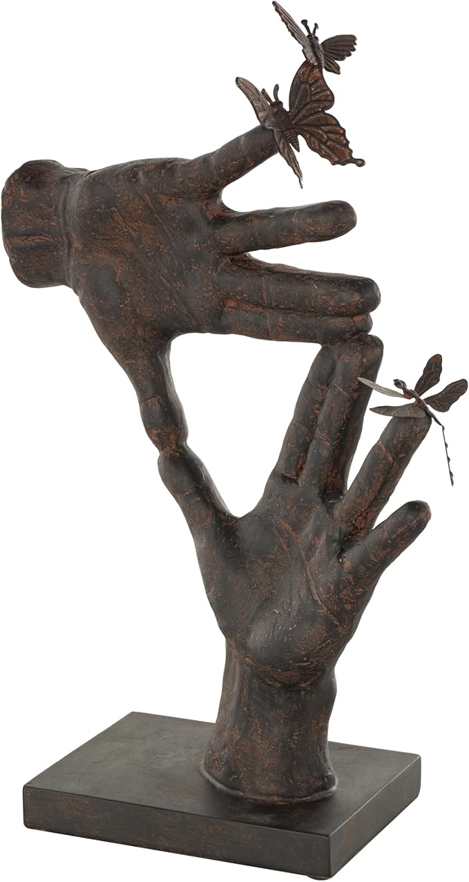 Deco 79 Polystone Hands Decorative Sculpture Sign Home Decor Statue with Butterrfly Accents, Accent Figurine 11" x 5" x 16", Dark Brown