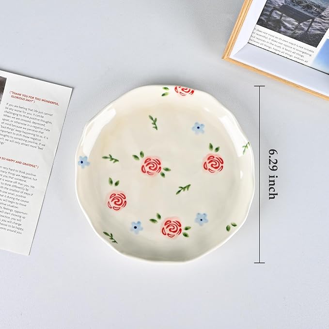 Koythin Ceramic Dessert Plates, Cute Fruits Dinner Plate, Creative Plates Design, Printed Flowers Dinnerware for Office and Home, Kitchen Plates for Desserts (Rose Blue Flower)