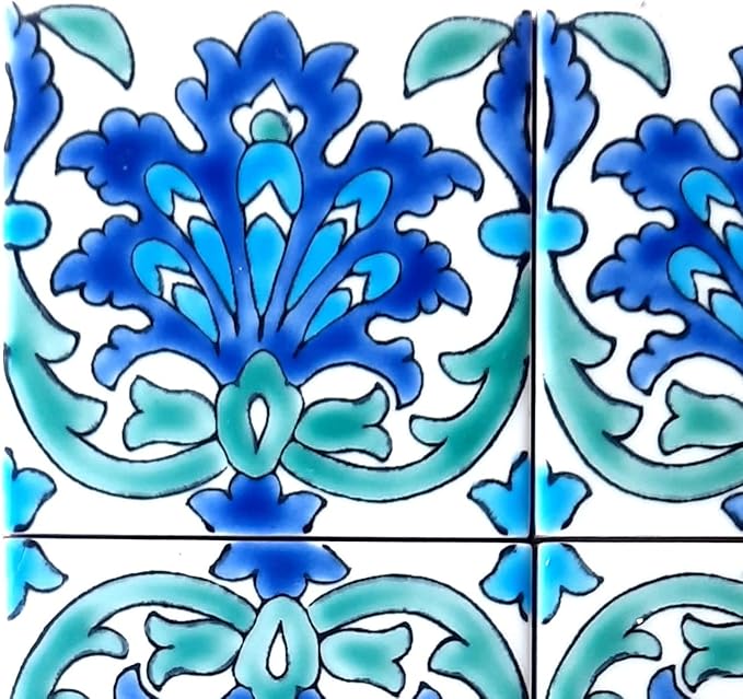 DŸARI Decorative Ceramic Tiles – Hand Painted Indoor & Outdoor Floor Tiles – Spanish Artisan Tile Top Kitchen – Mediterranean Decorative Tiles 4” × 4” – Durable Colorful Floor Tiles – 140 g (Eau V 1)