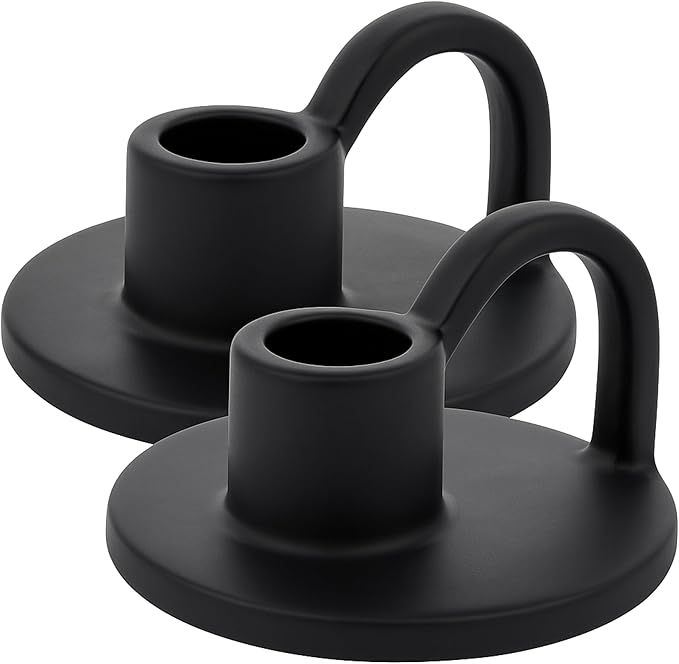 Ceramic Taper Candle Holders with Handle (Set of 2) – Tall Candlestick Holders for Table Decor Centerpieces, Rustic Home Décor, and Dinner Table Styling Matte Black