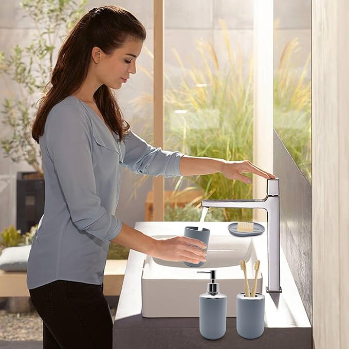 Bathroom Accessory Set, 4 pcs Shatter-Resistant Resin Bathroom Accessories Set Include Lotion Soap Dispenser Toothbrush Holder Soap Dish Modern Bathroom Decor, Gift for Home (Grey 4pcs)