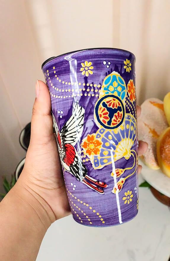 Ebros Oriental Japanese Design Double Walled Porcelain Ceramic Tall Hot Or Cold Drink Travel Mug Cup 12oz With Straw Or Sip Holed Cover Lid (Purple Japanese Crane With Oriental Fans)