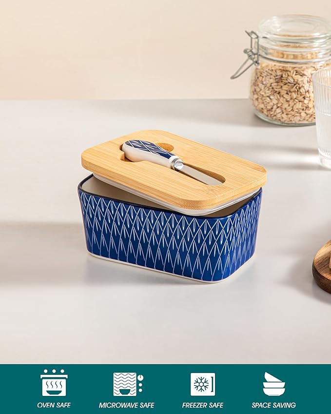 vancasso SELENE Butter Dish with Lid, 6.5" Large Butter Dish for Countertop, Ceramic Butter Keeper Container with Knife and Bamboo Lid, Geometric Weave Pattern