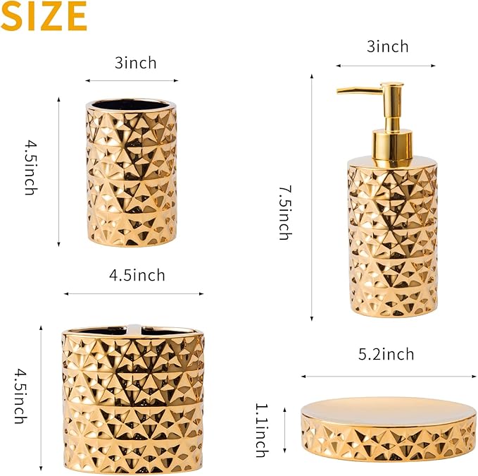 Gold Bathroom Accessory Sets 4 Piece Ceramic Gift Set Apartment Necessities,Includes Soap Dispenser, Toothbrush Holder, Toothbrush Cup, Soap Dish for Decorative Countertop Housewarming Gift