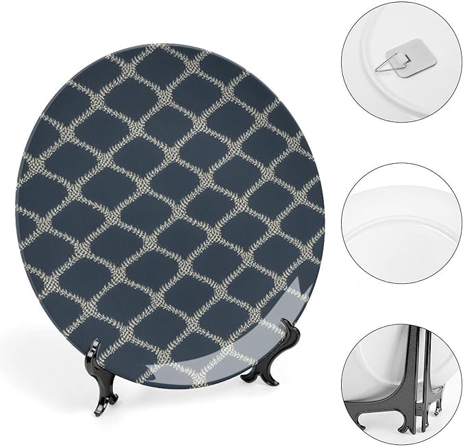 Home Decorations Ceramic Decorative Plate, Geometric Asian Check in Navy Blue Customize Christmas Gifts Porcelain Dessert Plate Set for Housewarming Gifts Household Home Decor, Including Bracket