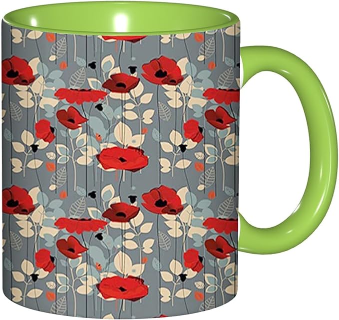 Poppy Flower,Funny Novelty Ceramic Coffee Cups With Handle,Floral Garden Leaves Modern Nature Tea Cup for Office and Home, 11 Oz,Dishwasher Microwave Safe (Green)