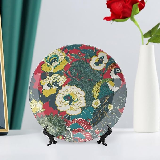 Chinoiserie Red Flowers Vintage Plates of 6", 7", 9", 10", Custom Peacock Birds And Floral Ceramic Salad Plates, Wall Club Decorations Wedding, with Display Stand And Hook Up