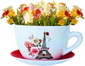7.5" Ceramic Teacup Planter Pot with Saucer | Ideal for Succulents, Orchids, Herbs & Flowers | Indoor & Outdoor Use for Valentines Day Gift - RED - Paris Eiffel Tower