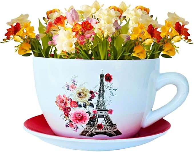 7.5" Ceramic Teacup Planter Pot with Saucer | Ideal for Succulents, Orchids, Herbs & Flowers | Indoor & Outdoor Use for Valentines Day Gift - RED - Paris Eiffel Tower