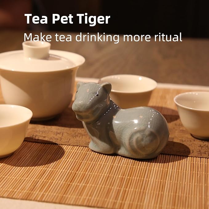12 Chinese Zodiac Tea Pet, Unique Crackle Ru Porcelain, Traditional Chinese Cultural Tea Accessory, Asian Home & Office Decor, Gift for Tea Lovers & Anniversaries (Tiger 1pc)