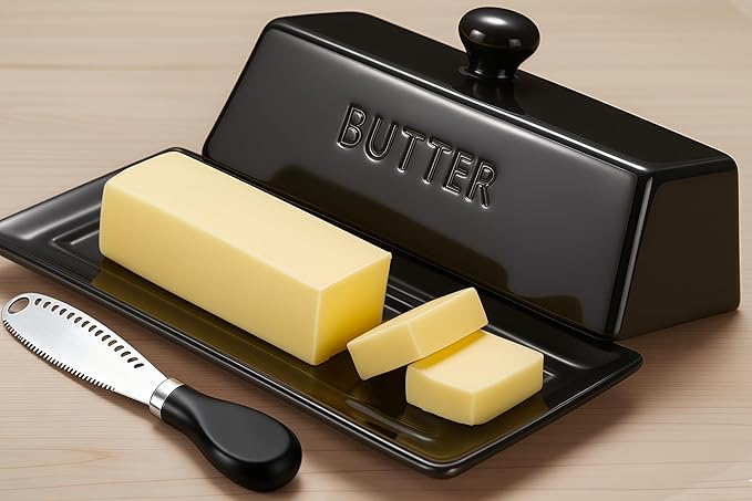 WERTIOO Butter Dish with Lid, Ceramic Butter Dish with Lid for Countertop for 1 Stick. Textured Tray with Stainless Steel 3 in 1 Butter Spreader, Microwave and Dishwasher Safe, Black