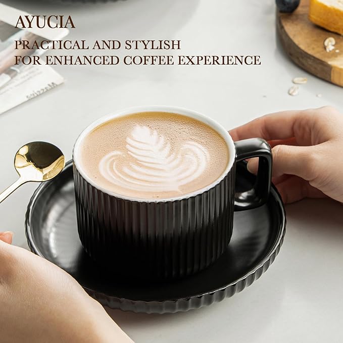 8 Ounce Cappuccino Cups Set of 4, Latte Mugs with Saucers and Spoons, Black Ceramic Coffee Mugs Tea Cups for Cappuccino Latte Mocha Au Lait Macchiato Cafe