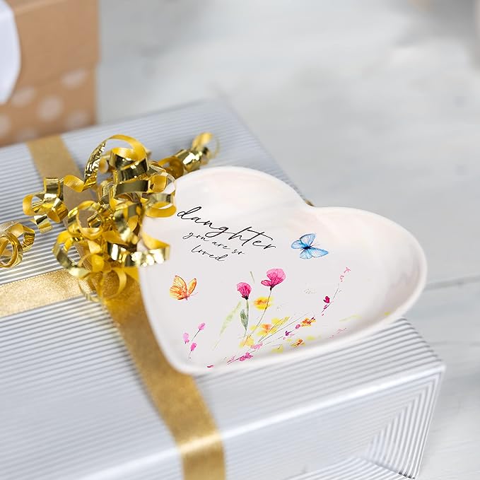 Pavilion Gift Company - Daughter - Ceramic Heart-Shaped Keepsake Dish, Watercolor Floral Design, Unique Daughter Gifts, Trinket Dish, Ring Holder, Jewelry Dish, 1 Count, 4.5-Inches