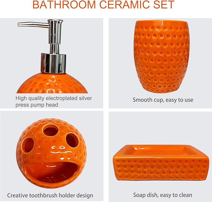 Bathroom Accessory Set Orange,4 Pieces Ceramic Bathroom Decor Accessories Complete Set,Includes Bathroom Soap Dispenser Set,Toothbrush Holder Set,Tumbler,Soap Dish