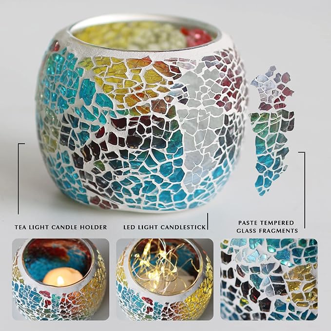 Votive Candle Holders for Table Centerpiece (NO Candles) Wedding Dinner by Candlelight,Tea Light Holders Mosaic Candle Holdes Candlescape Bowl for Valentine's,Christmas Party Decor 1 PC(Rainbow)